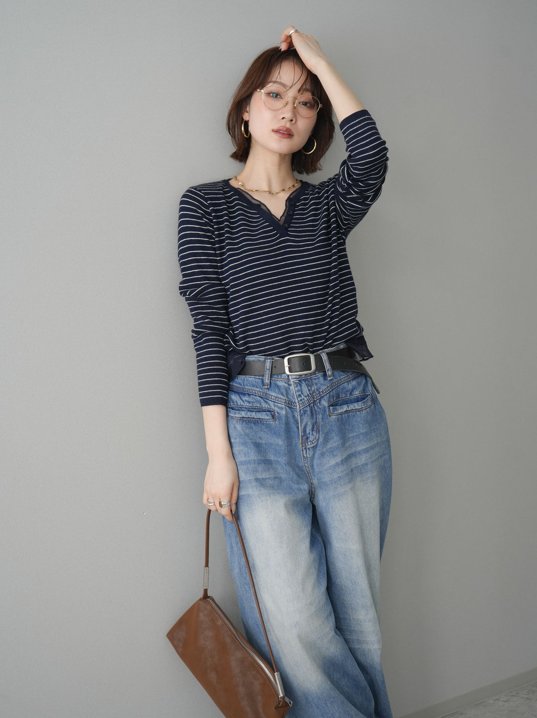 [SET]チュールレイヤードデザインボーダーニットトップス+チュールレイヤードデザインボーダーニットトップス(2set)