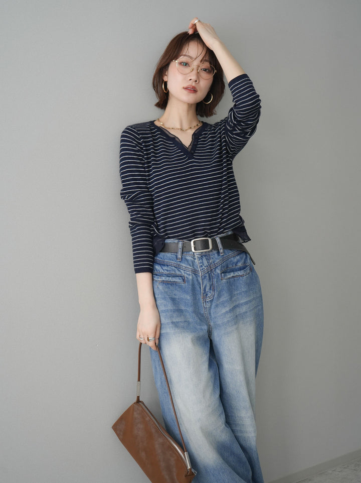 [SET]チュールレイヤードデザインボーダーニットトップス+チュールレイヤードデザインボーダーニットトップス(2set)