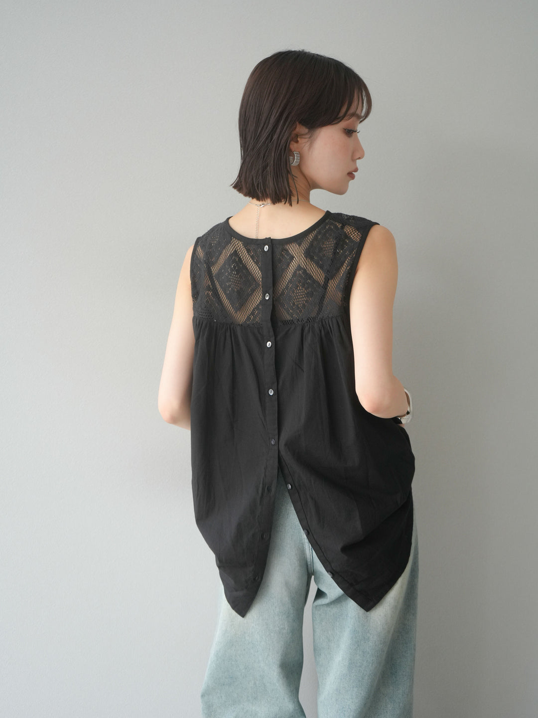 [予約]インド製コットンレース切替ノースリブラウス/ブラック