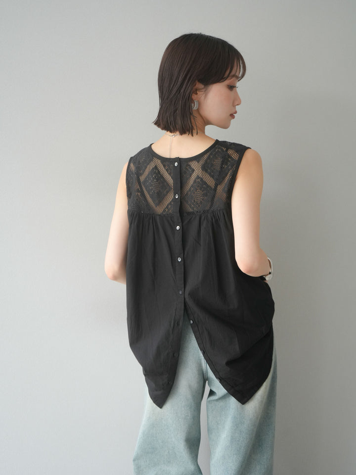 [予約]インド製コットンレース切替ノースリブラウス/ブラック