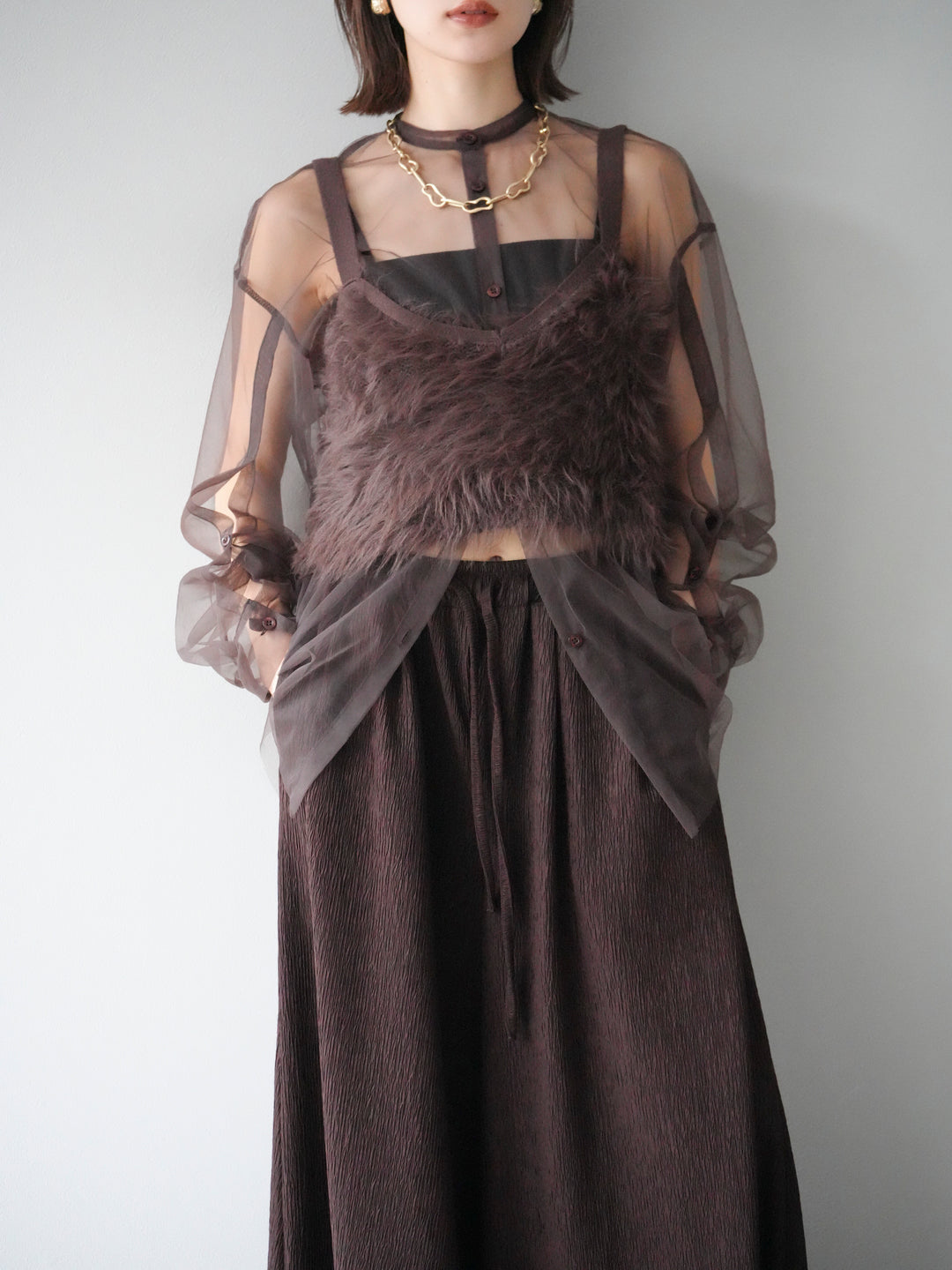 [予約]2WAYスリーブチュールシャツ/ブラウン