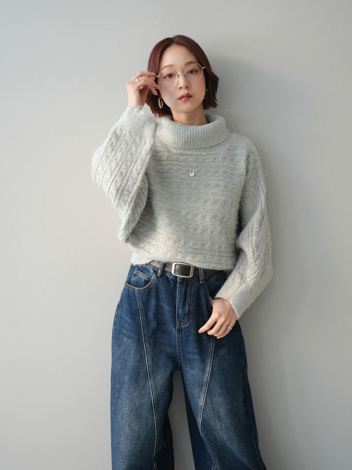 [SET]オフタートルケーブル編みニットプルオーバー+裏起毛加工デニムカーブパンツ(2set)