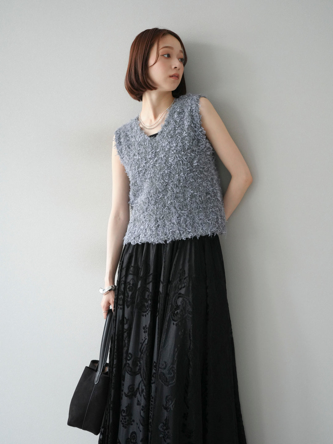 [SET]テープヤーンフリンジニットベスト+アンティーク柄フロッキーマキシスカート(2set)