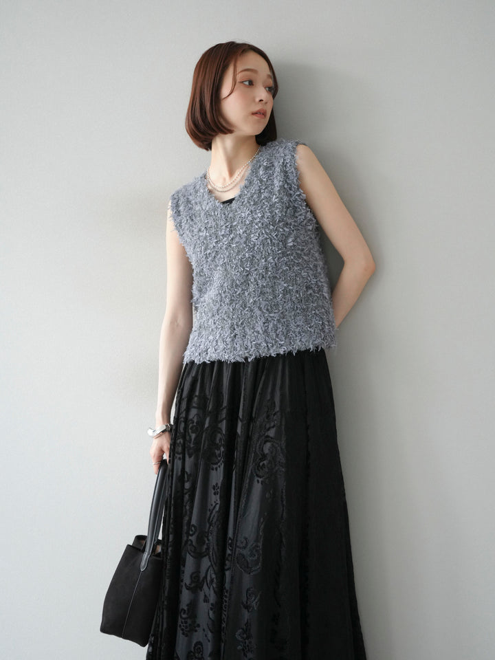 [SET]テープヤーンフリンジニットベスト+アンティーク柄フロッキーマキシスカート(2set)