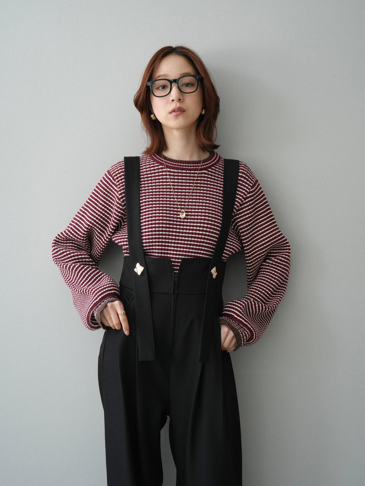 [SET]ラメ異素材ボーダーリブニットプルオーバー+ゴールドボタンサスペンダーワイドパンツ(2set)