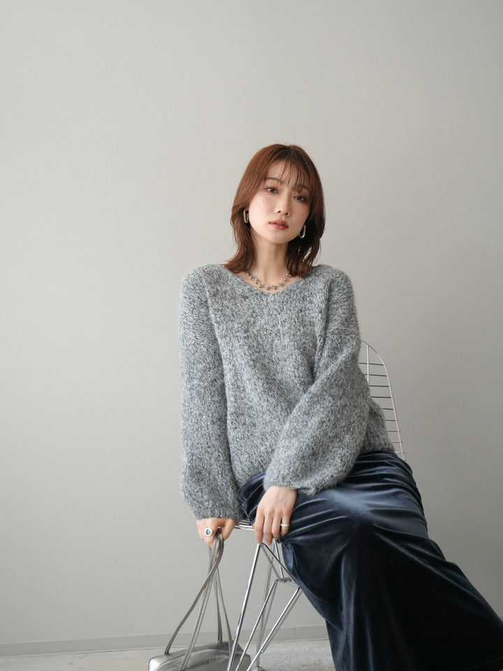 [SET]Vネックミックスヤーンニットプルオーバー+ギャザーベロアスカート(2set)