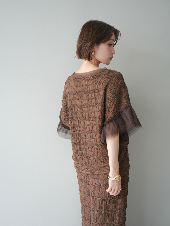 [SET]チュール袖リップルトップス+リップルIラインスカート(2set)