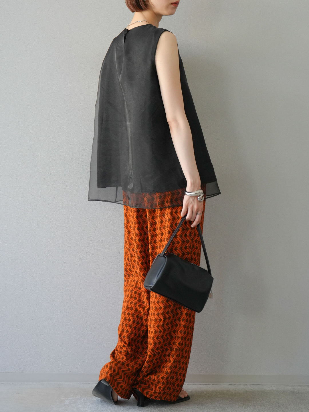 [予約]レーヨンフレックススラブウェーブ柄ストレートパンツ/オレンジ