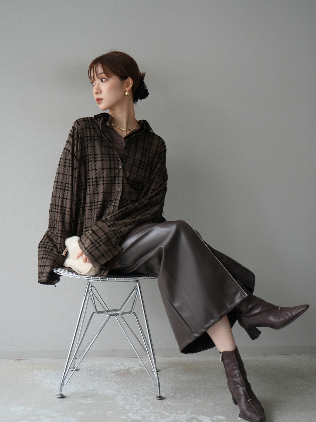 [予約]チェック柄チュールシャツアンサンブル/ブラウン