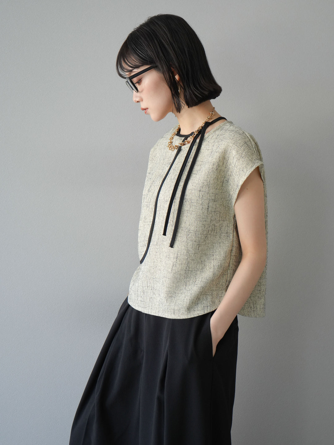 [SET]サマーツイードケープデザインプルオーバー+クレープシフォンタックワイドパンツ(2set)