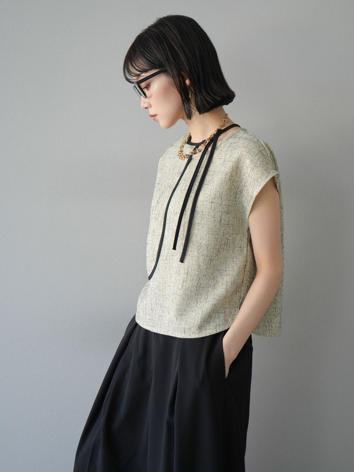 [SET]サマーツイードケープデザインプルオーバー+クレープシフォンタックワイドパンツ(2set)