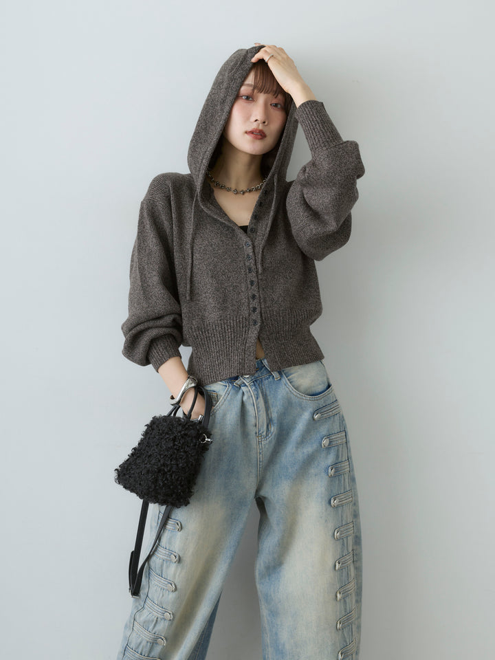 [SET]メランジボリュームスリーブフードニットカーディガン+選べるアクセセット(2set)