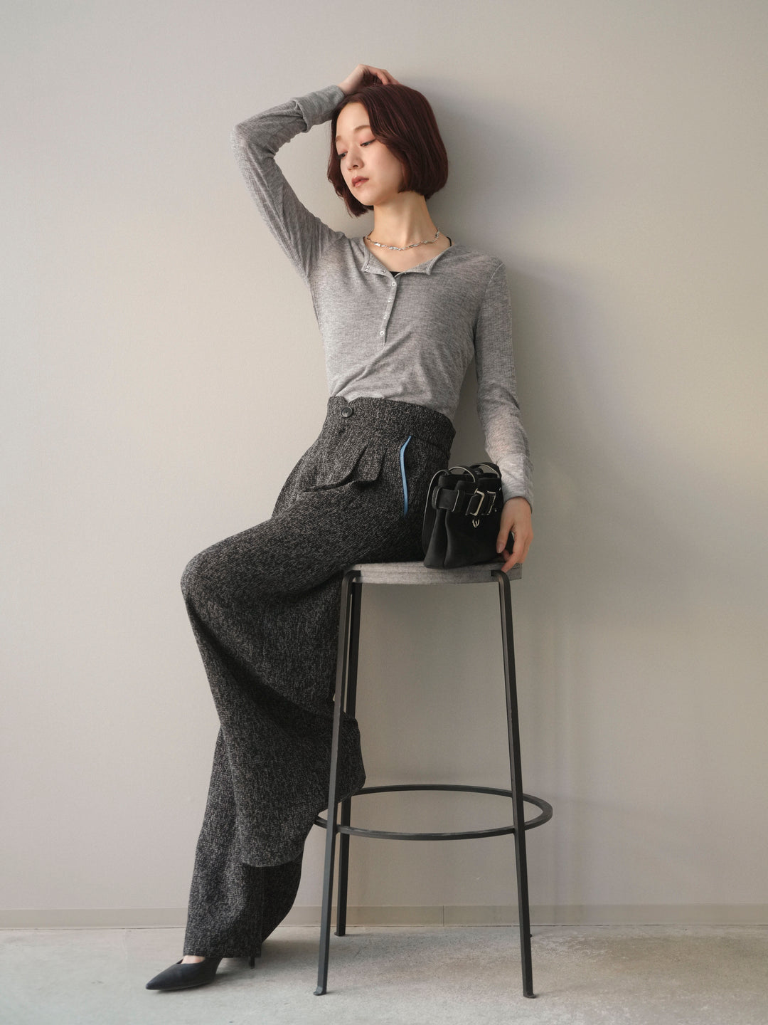 [予約]シアーリブヘンリーネックロンT/gray