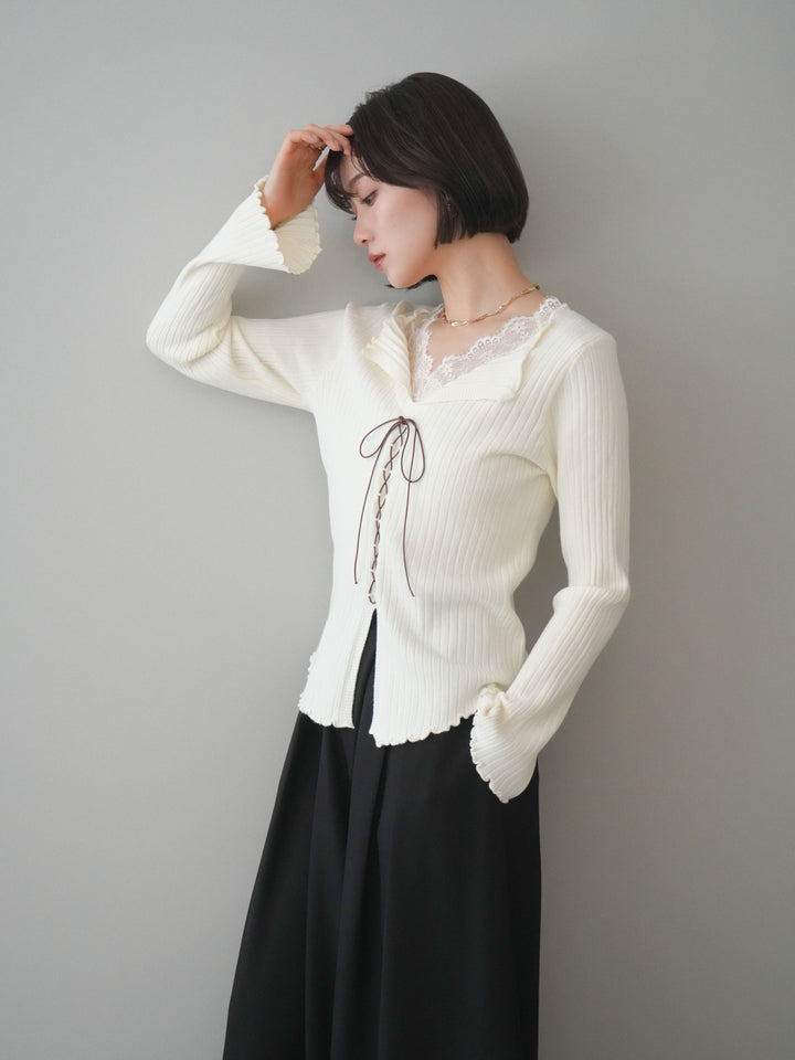 [予約]レースネックレースアップリブニットトップス/ivory
