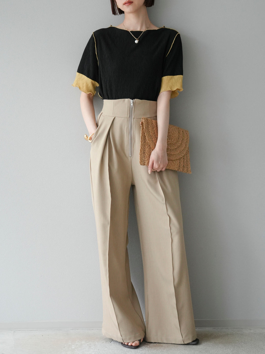 [SET] 百褶同色船領套頭衫 + 拉鍊褶襉寬褲 (2 套)