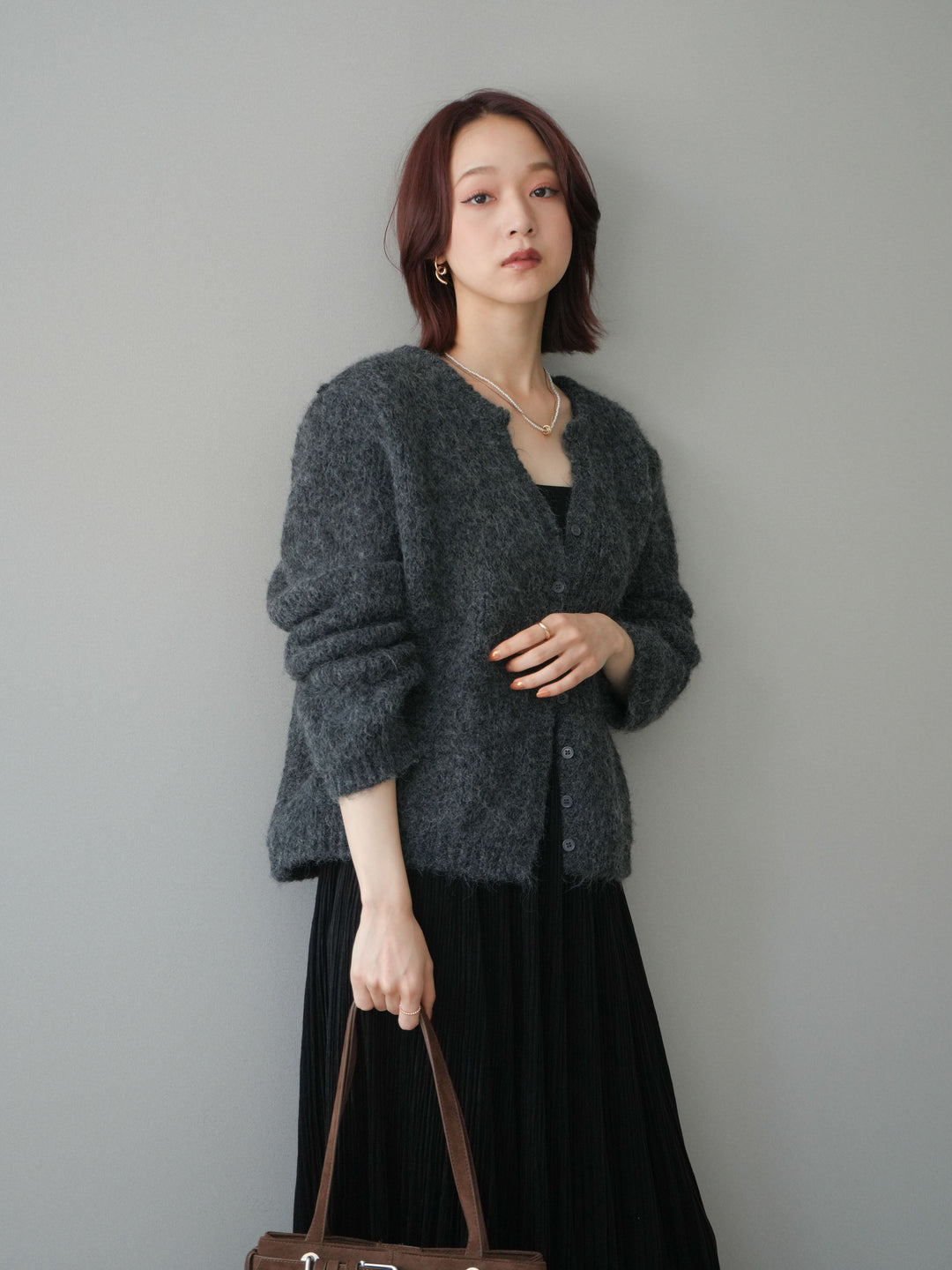 [予約]キーネックシャギーニットカーディガン/gray