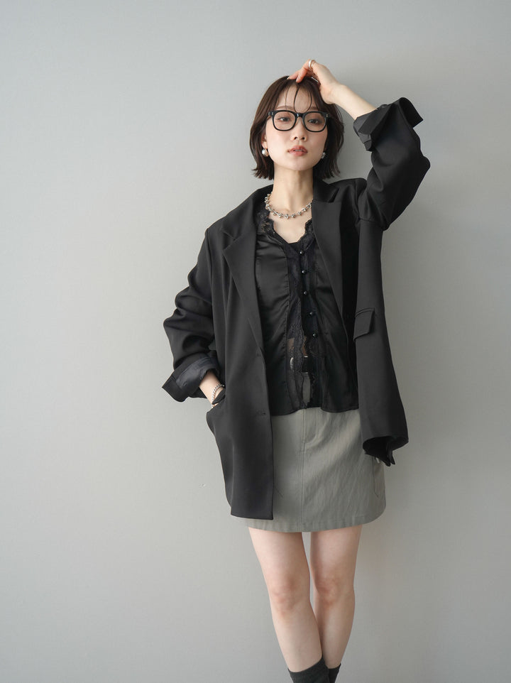 [SET]バックスリットデザインジャケット+ノースリサテンレースキャミソール+ベルト付カーゴミニスカート(3set)