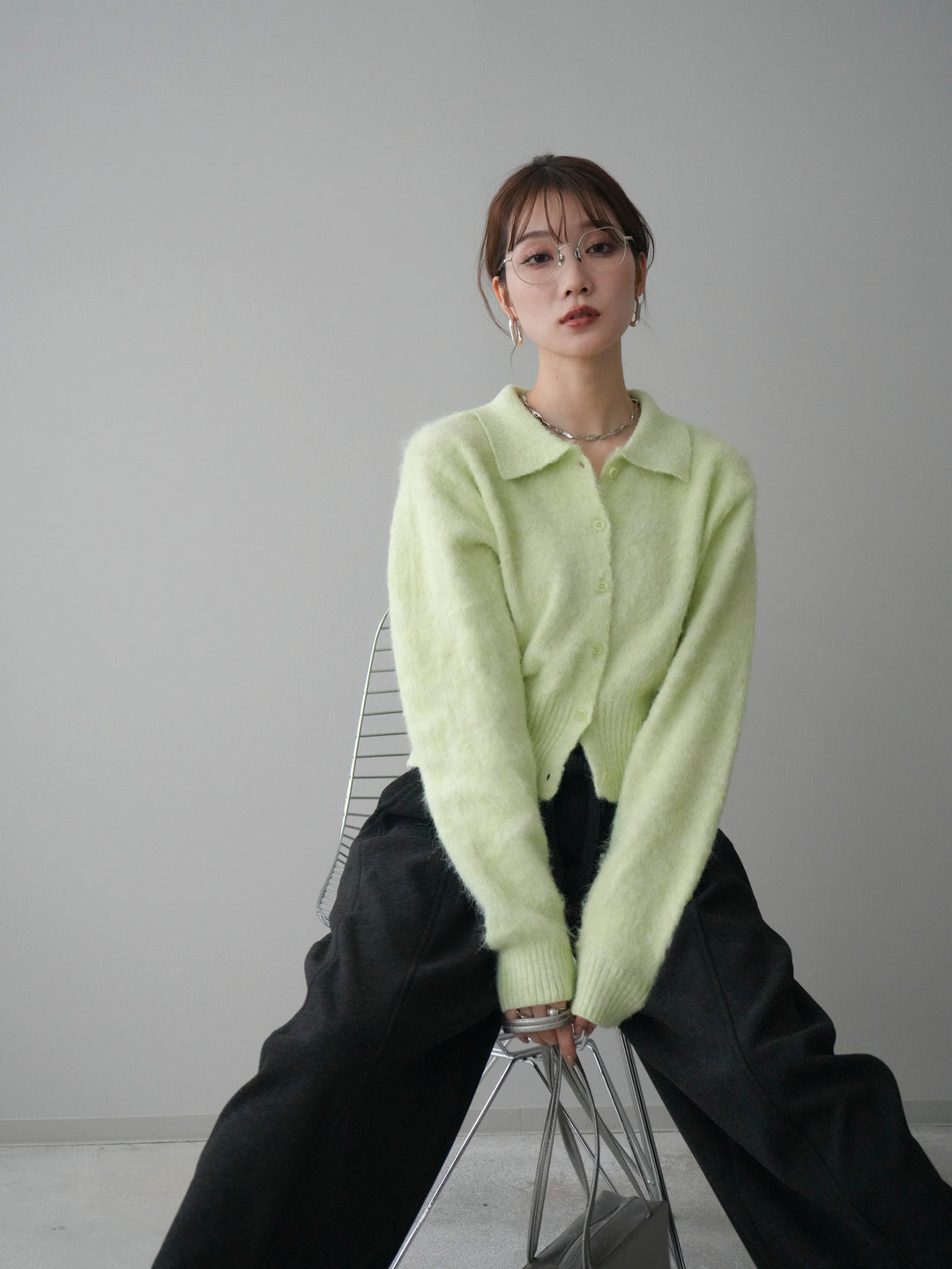 [予約]モヘア衿付きボタンプルオーバー/lime