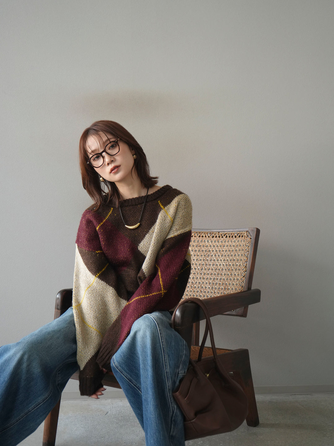 [予約]配色ステッチアーガイル柄ニットプルオーバー/brown