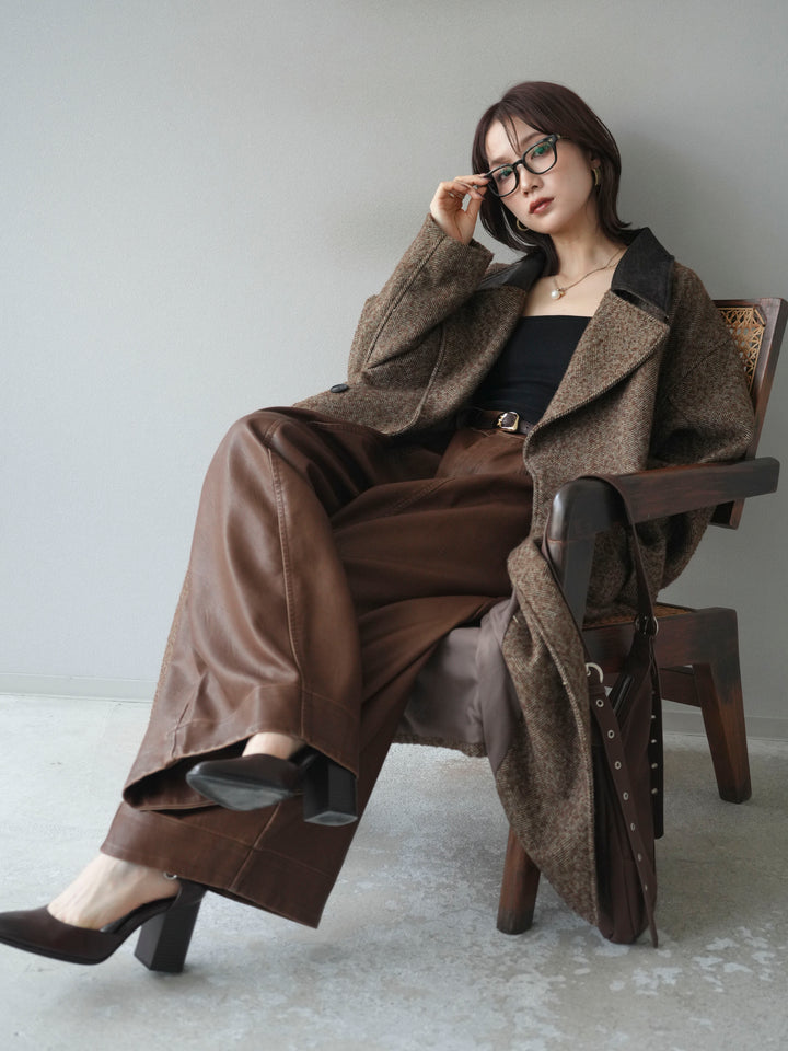 [予約]ネップヘリンボーンレザー襟チェスターコート/brown