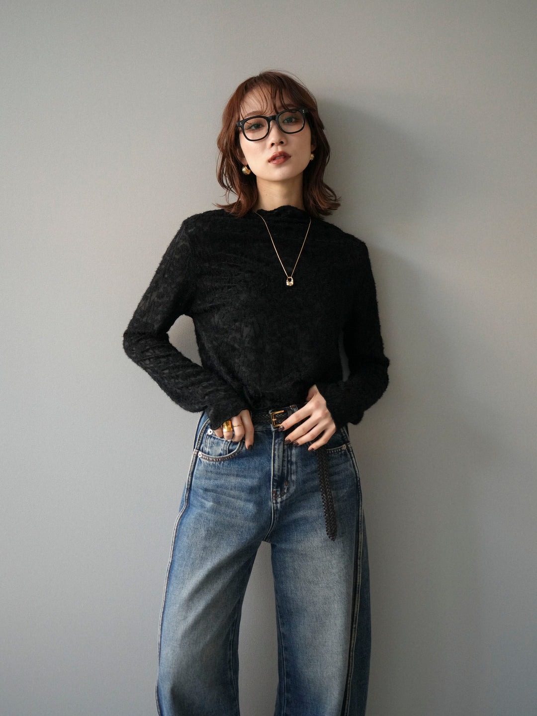 [予約]起毛レースプチネックトップス/black