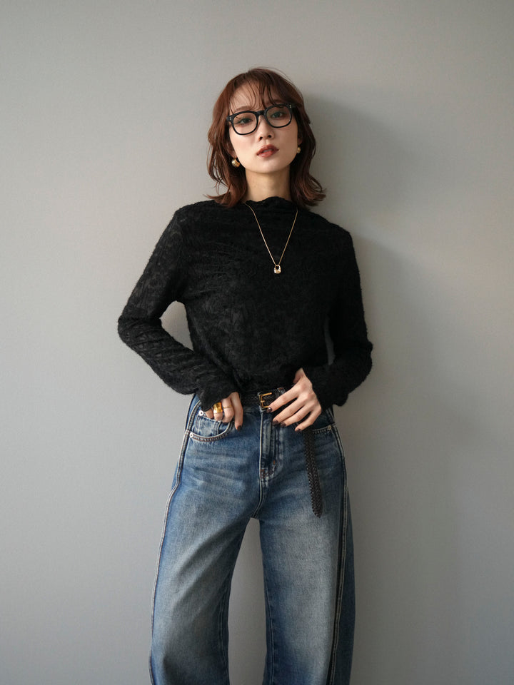 [予約]起毛レースプチネックトップス/black