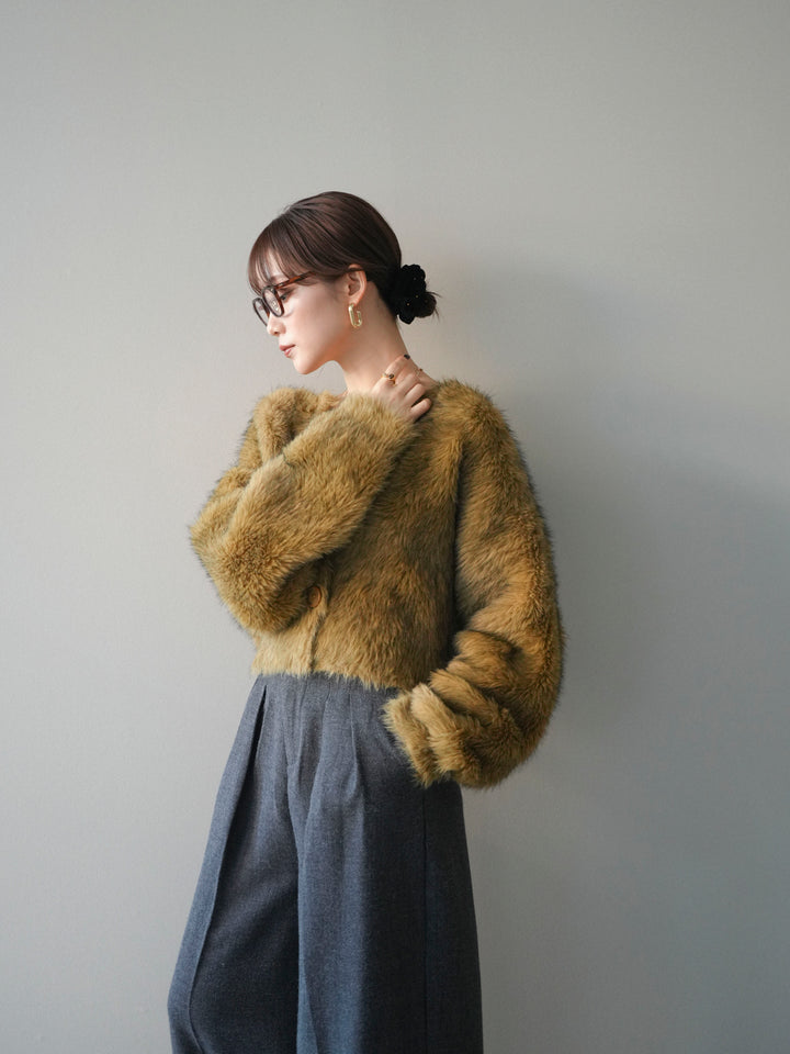 [予約]ミックスシャギーショートニットカーディガン/green