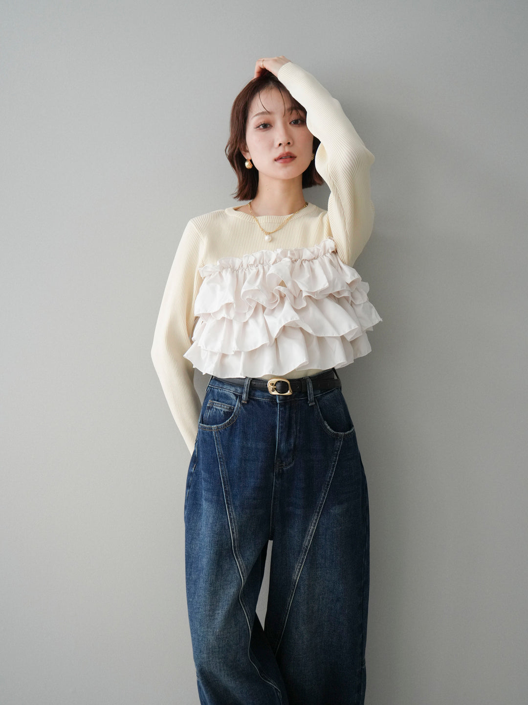 [SET]フリルビスチェドッキングスポンジニットプルオーバー+裏起毛加工デニムカーブパンツ(2set)