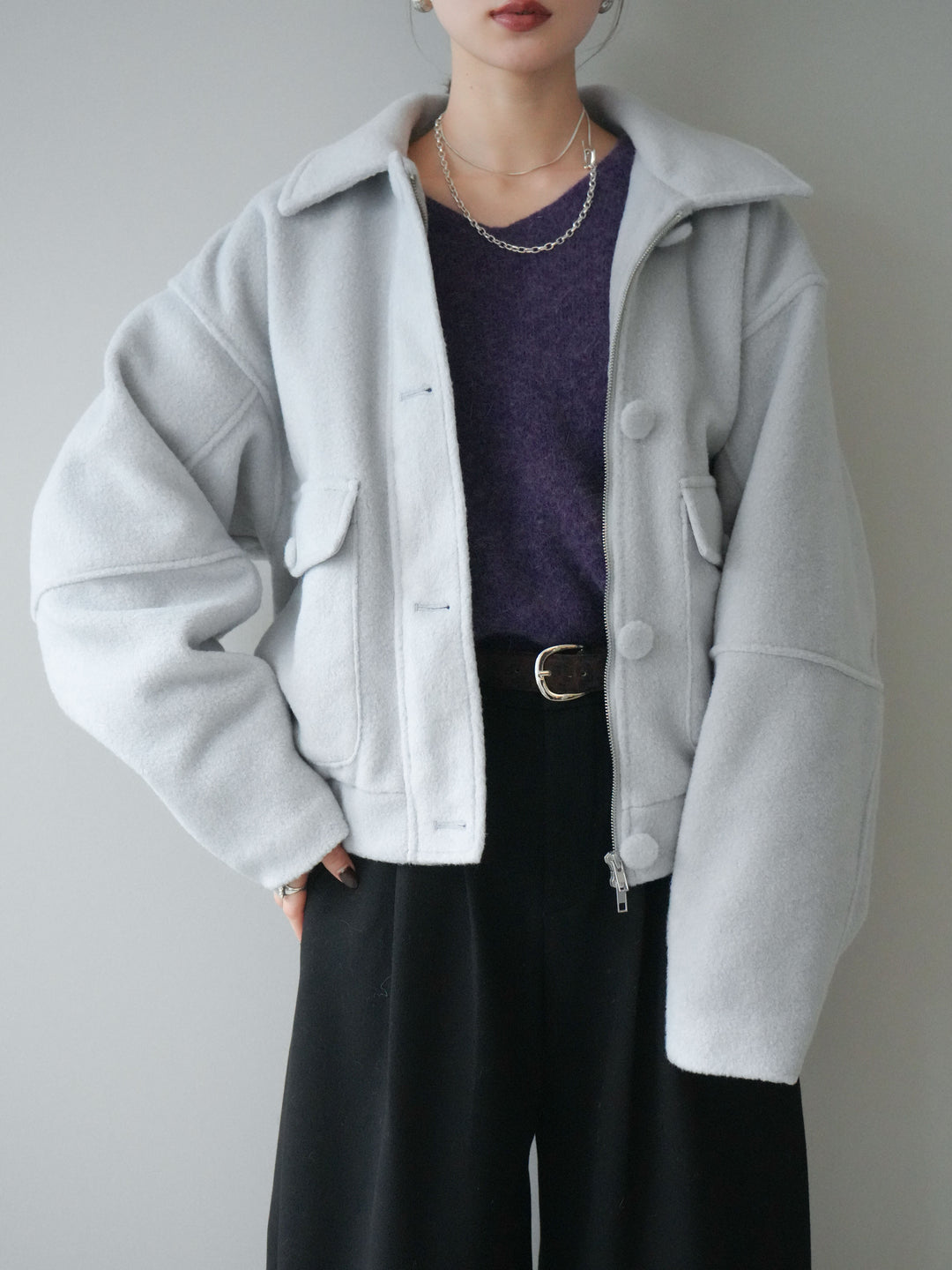 [SET]ウールライクフライトジャケット+シュシュ付きアンゴラタッチVネックニットプルオーバー+アニマル柄ベルト付きウールタッチワイドパンツ(3set)