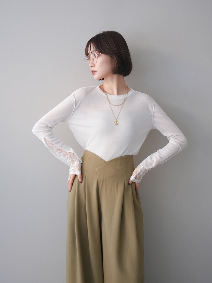 [予約]袖レースレイヤードデザインメロートップス/white