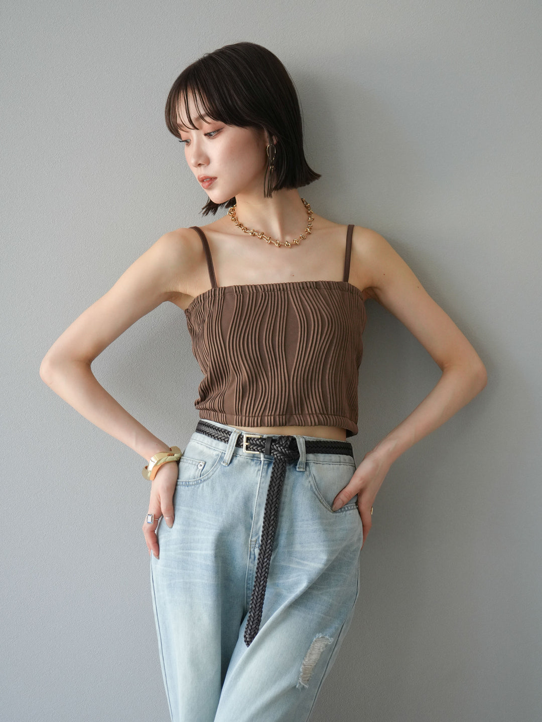 [SET]ウェーブパイピングカップ付ベアキャミソール+ウェーブパイピングカップ付ベアキャミソール(2set)