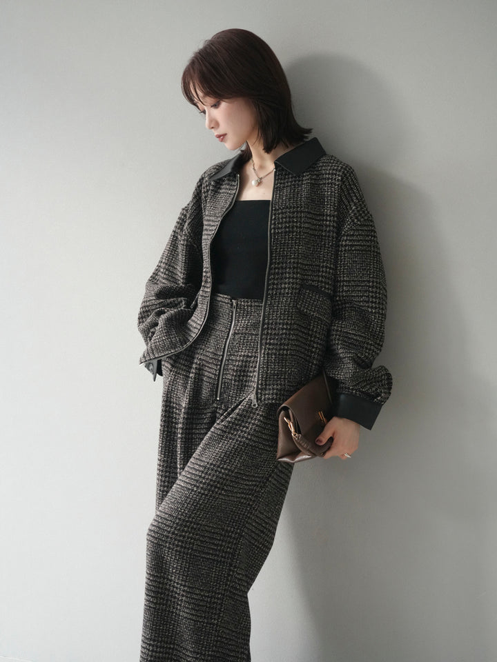 [予約]レザー襟ミックスツイードジャケット/brown