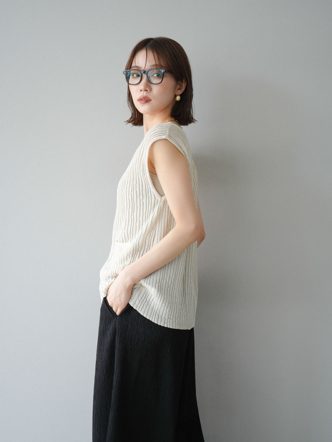 [SET] 波浪夏季針織背心+柳葉寬腿褲（2件套）