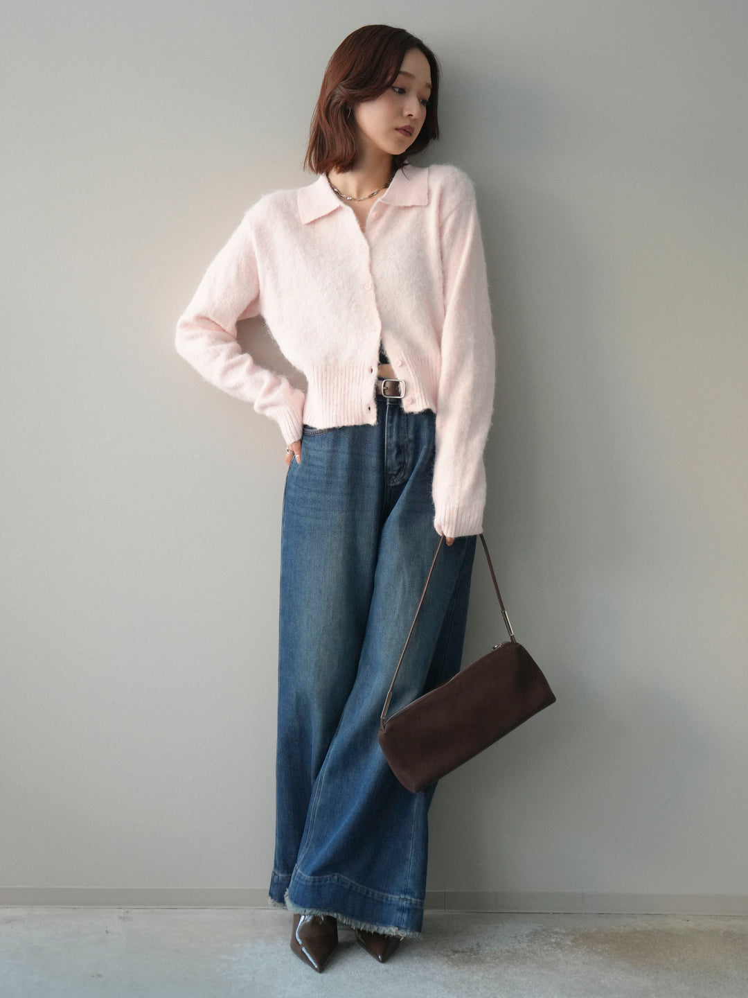 [SET]モヘア衿付きボタンプルオーバー+裏起毛裾フリンジワイドデニムパンツ(2set)