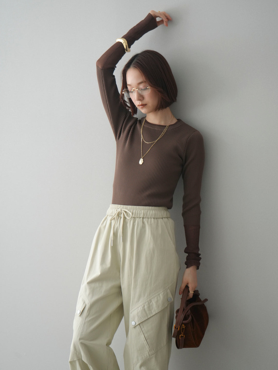 [予約]リブラメシアー切替リブニットトップス/brown