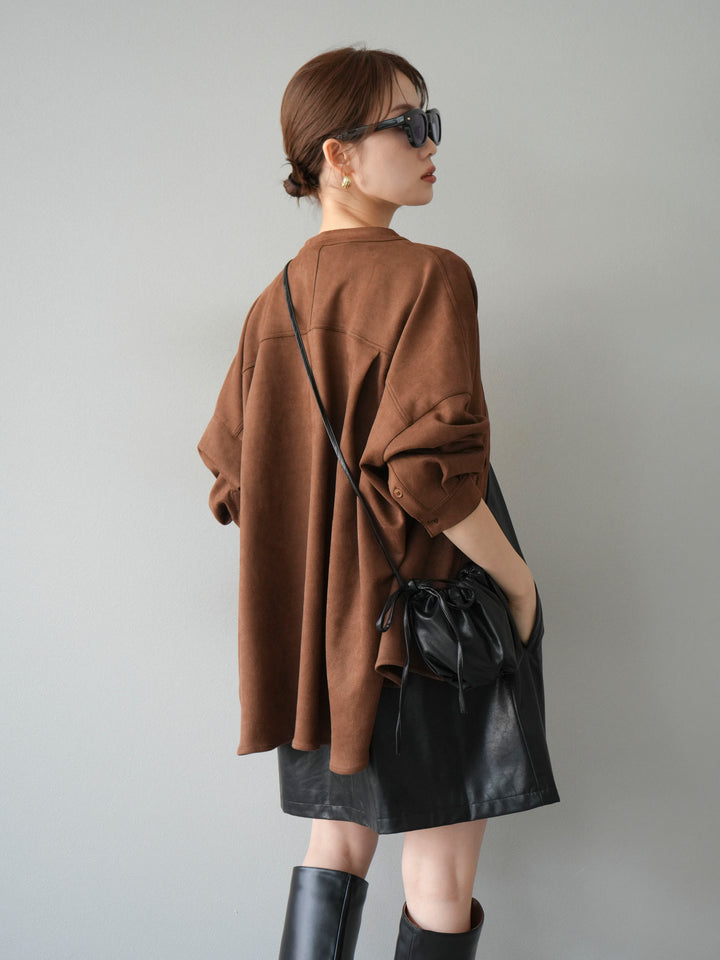 [SET] 麂皮立領外套襯衫 + 附單肩包皮革迷你連身裙（2 套）