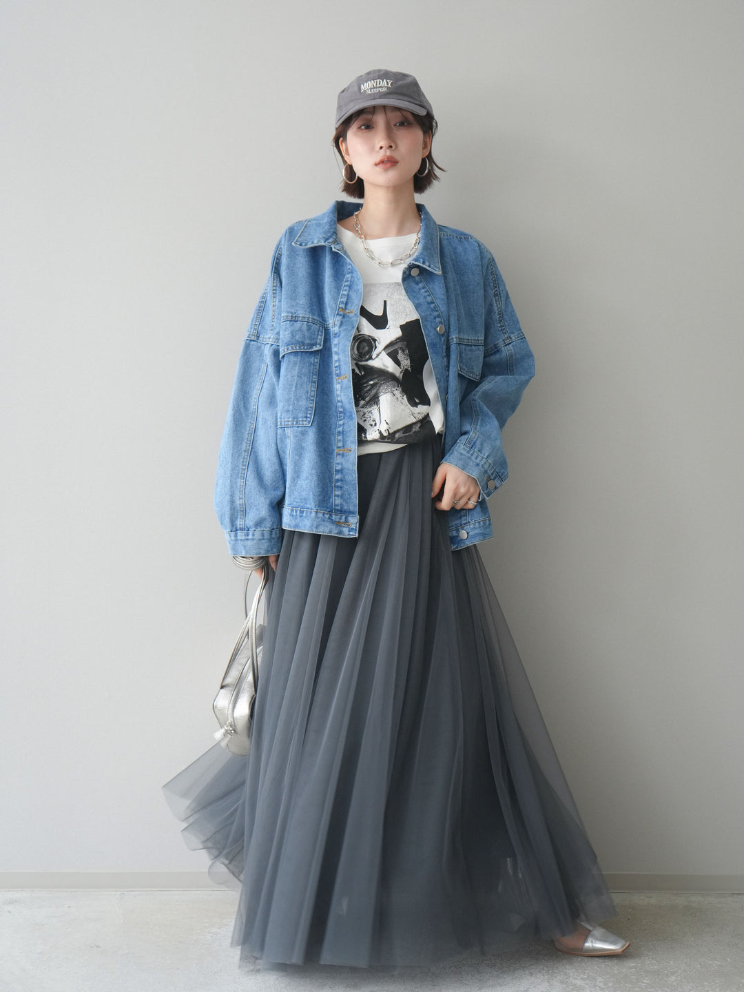 [SET]ルーズシルエットデニムジャケット+チュールボリュームスカート(2set)