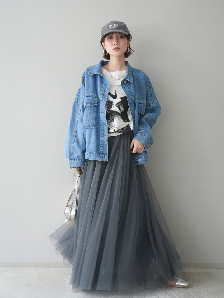 [SET]ルーズシルエットデニムジャケット+チュールボリュームスカート(2set)