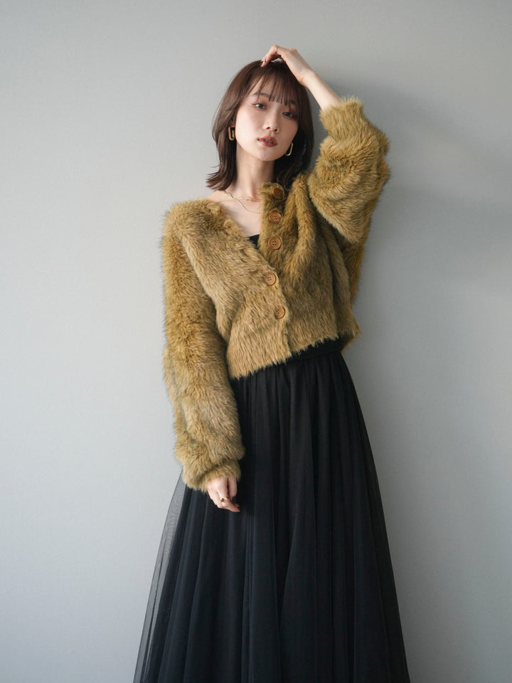 [予約]ミックスシャギーショートニットカーディガン/green