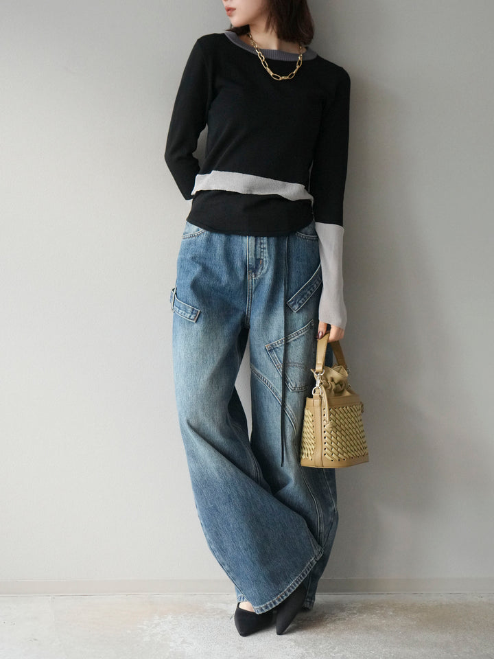 [予約]異素材配色デザインニットトップス/ブラック