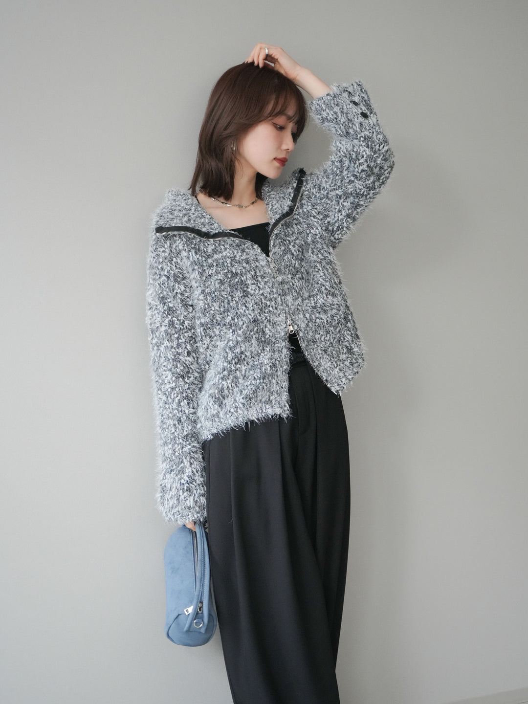 [予約]ミックスシャギージップニットカーディガン/black