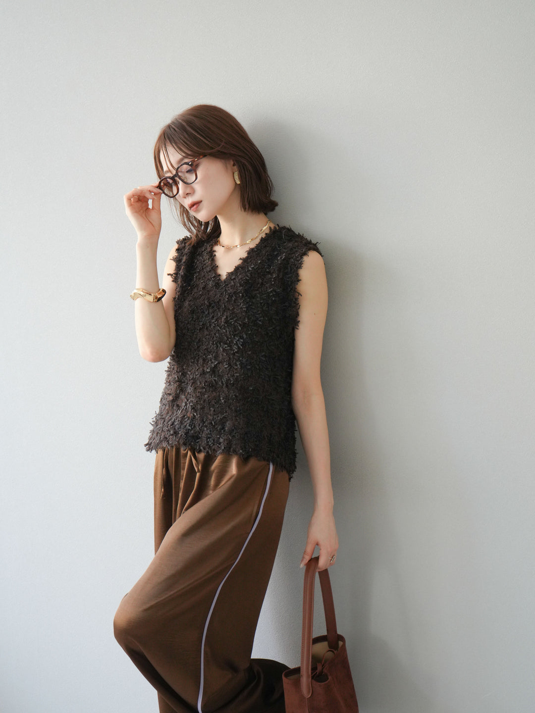 [予約]テープヤーンフリンジニットベスト/ブラウン