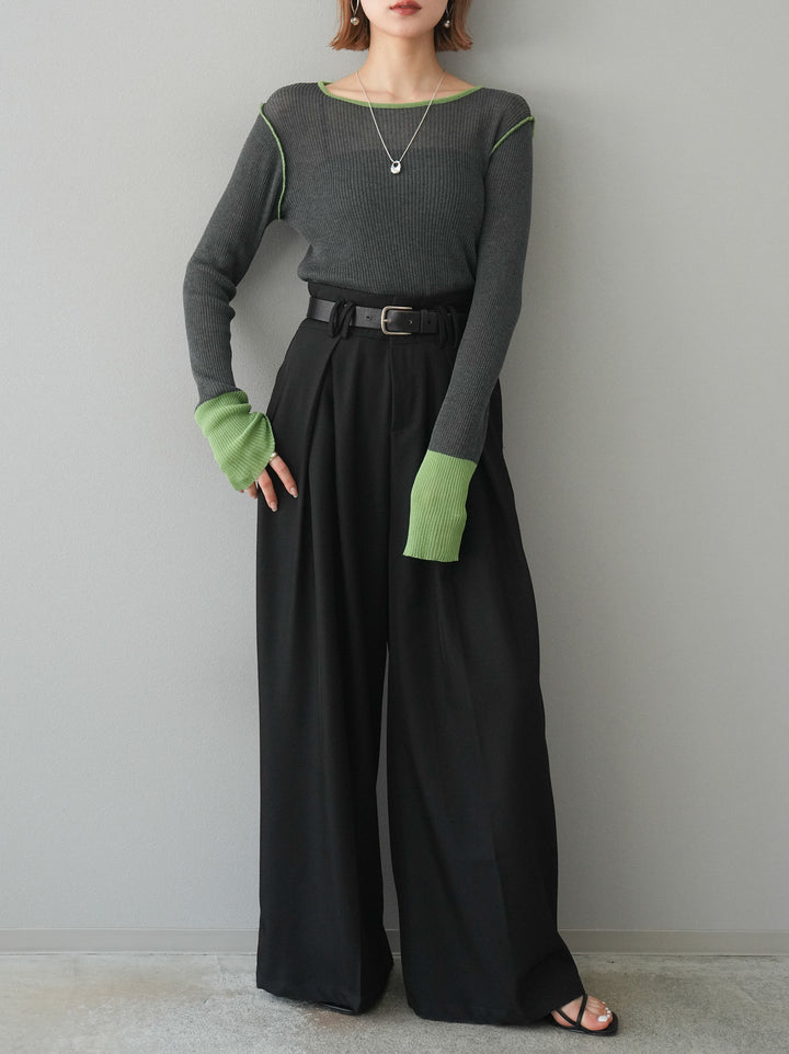 【預購】色彩協調的透明亞麻針織上衣/炭綠色