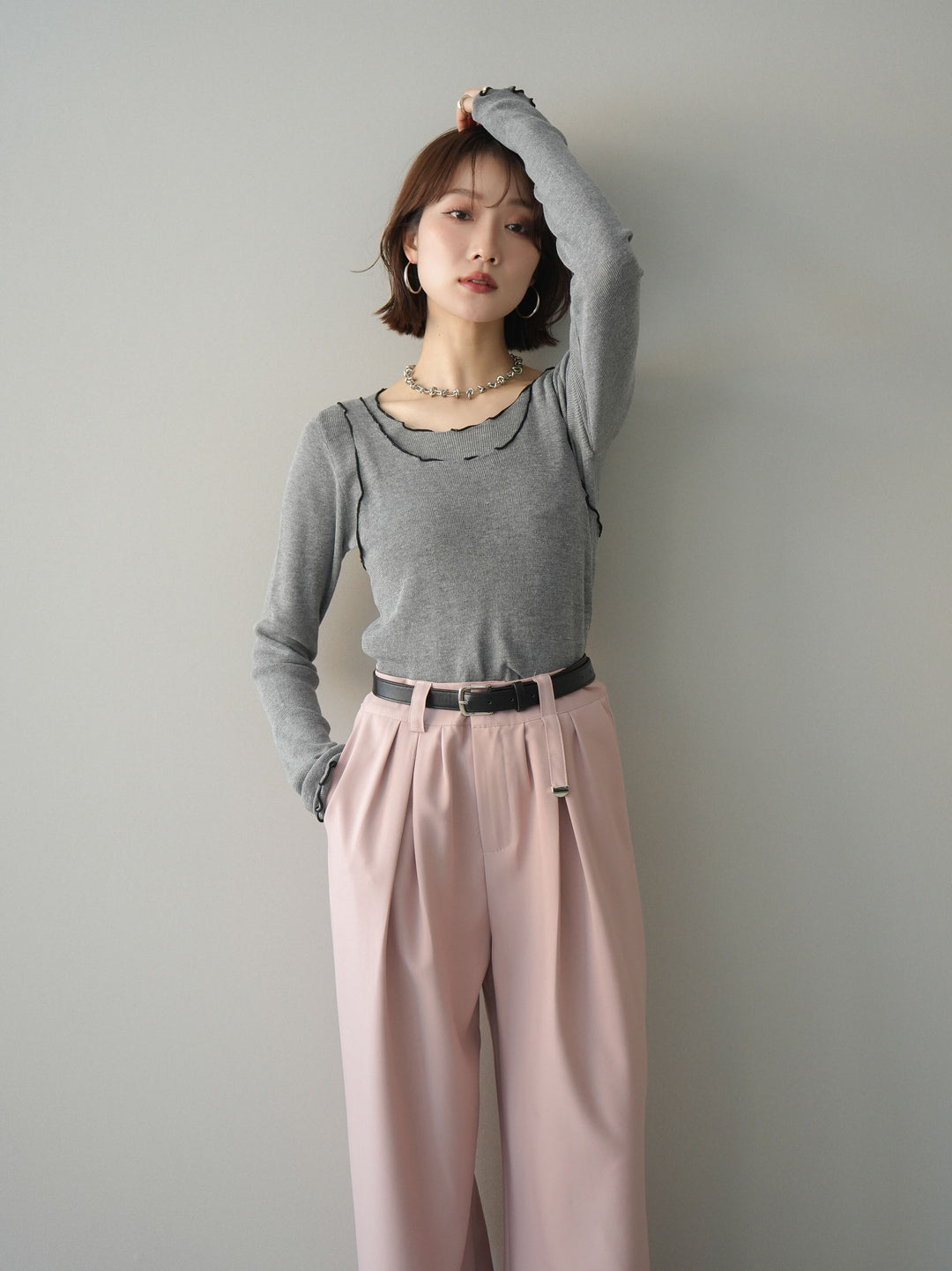 [予約]バイカラーメローアンサンブルシアーニットトップス/gray