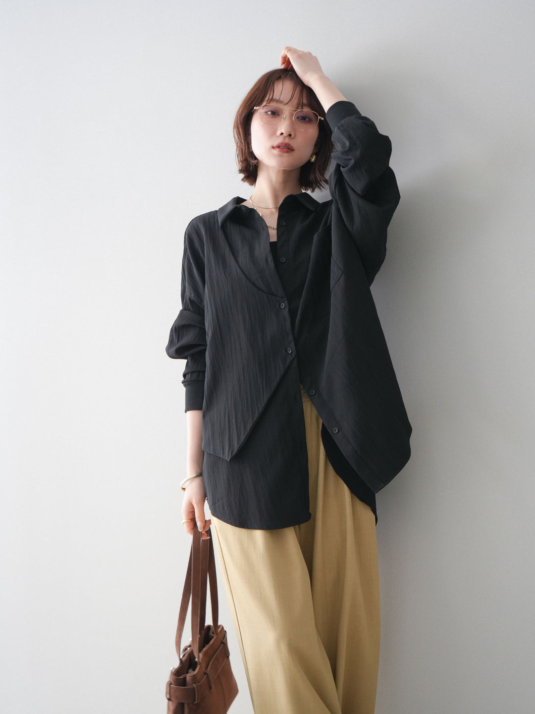 [予約]リブカフスアシンメトリーZIPデザインオーバーシャツ/black