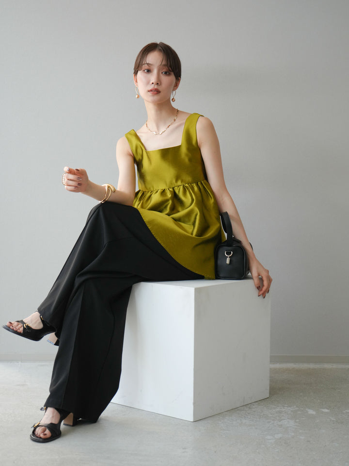 [予約]サテンフレアノースリーブトップス/グリーン