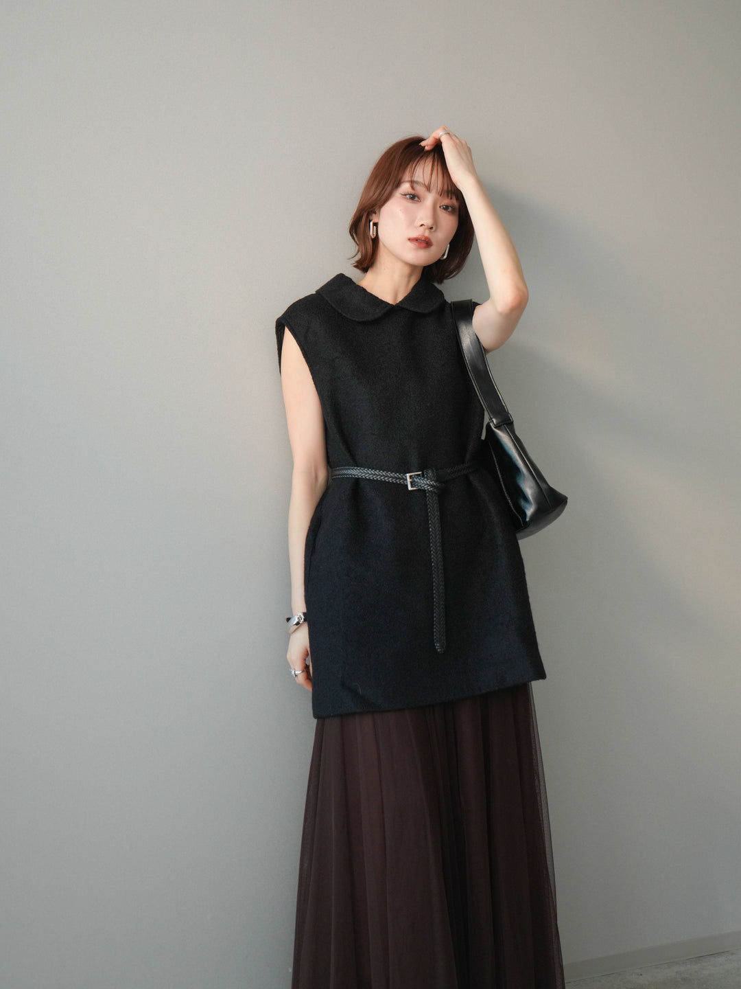 [SET]襟付きブークレミニワンピース+チュールボリュームスカート(2set)