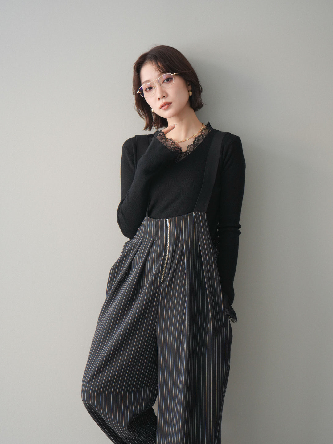 [SET]レースドッキングVネックニットトップス+レースドッキングVネックニットトップス(2set)