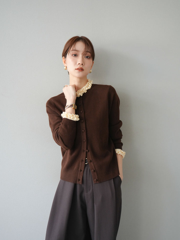 [予約]フリルデザインコンパクトニットカーディガン/ブラウン