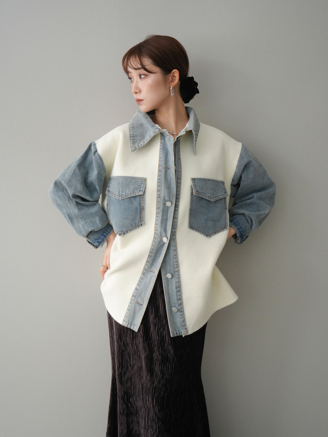 [予約]デニム襟ダブルフェイスニットカーディガン/white